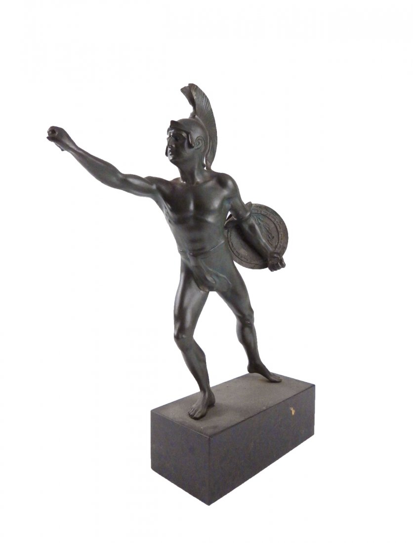 Bronze Roman Soldier: Early 20th century sculpture of a soldier in armor. [Sculpture only: 12" x 9"; Base only: 7" x 3" x 2 1/2" H].