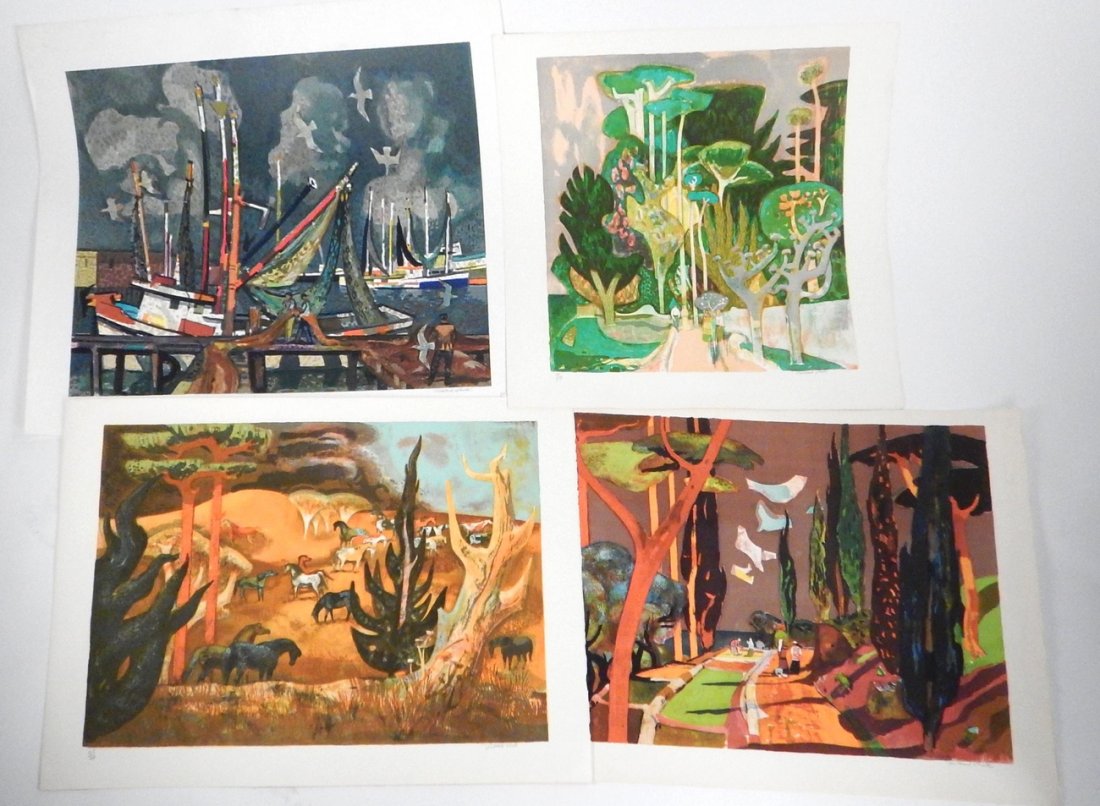 Four Millard Sheets Lithographs: Signed and numbered Limited Edition color lithographs with 'Circle Gallery Publisher' embossed blind stamps at bottom left margin. Comprises numbers 51, 88, 135, and 190 each, out of editions of 250.