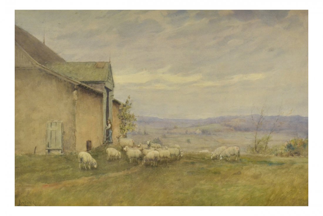 J.W. Little, "Housing the Flock": Watercolor depicting a farmer leading his flock of sheep into a barn. Signed bottom left. Framed under glass. [Sight: 12 3/4" H x 19 1/4" W; Frame: 21 1/4" H x 27 1/4"]. Light toning.