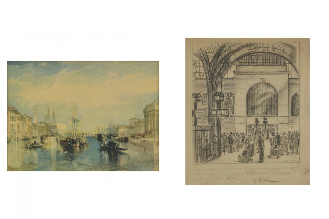 Two Framed Prints: Comprising: 1.) Cartoon figural scene with pencil inscription at bottom. [Sight: 16 1/2" H x 13 1/2" W; Frame: 21 1/4" H x 18 1/4" W]. Toning, mat burn, minor rippling. 2.) William Turner, "The Grand 