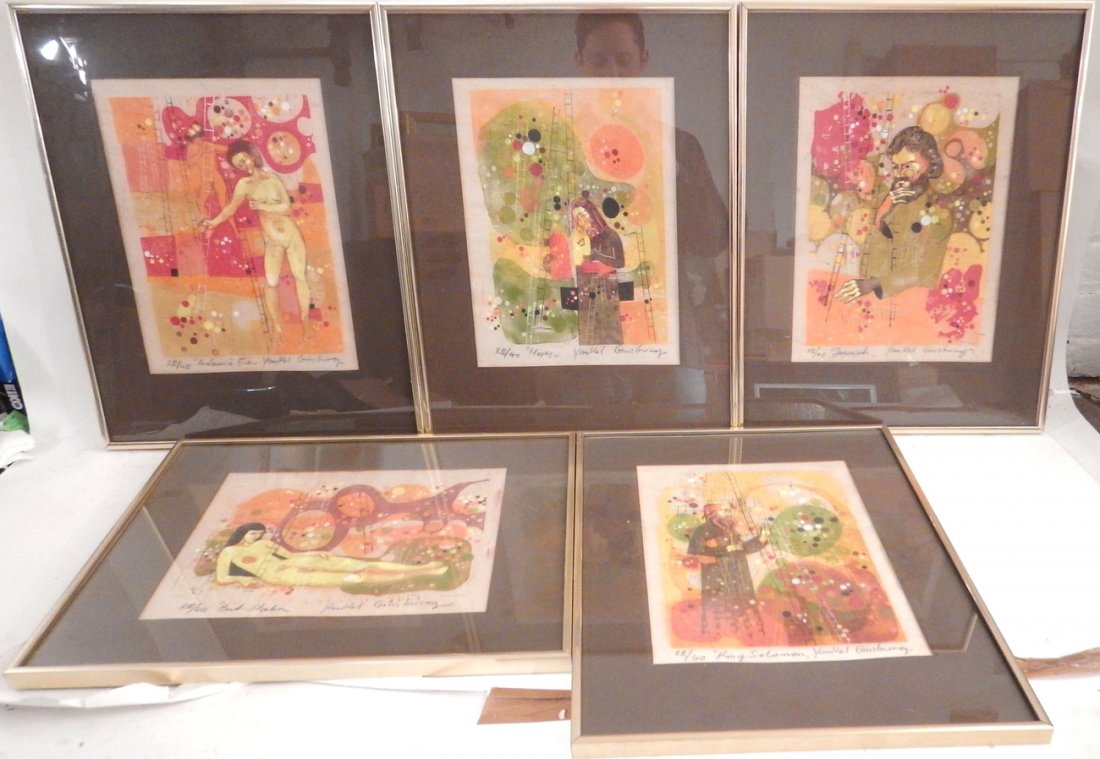 Yankel, Ginsberg, 5 Embellished Prints: Includes: "Bat-Sheba", "King Solomon", "Jeremiah", "Moses", "Adam and Eve". [Sight: 13 1/2" H x 10 1/4" W; Frame: 20 1/4" H x 16 1/4" W]. Toning.