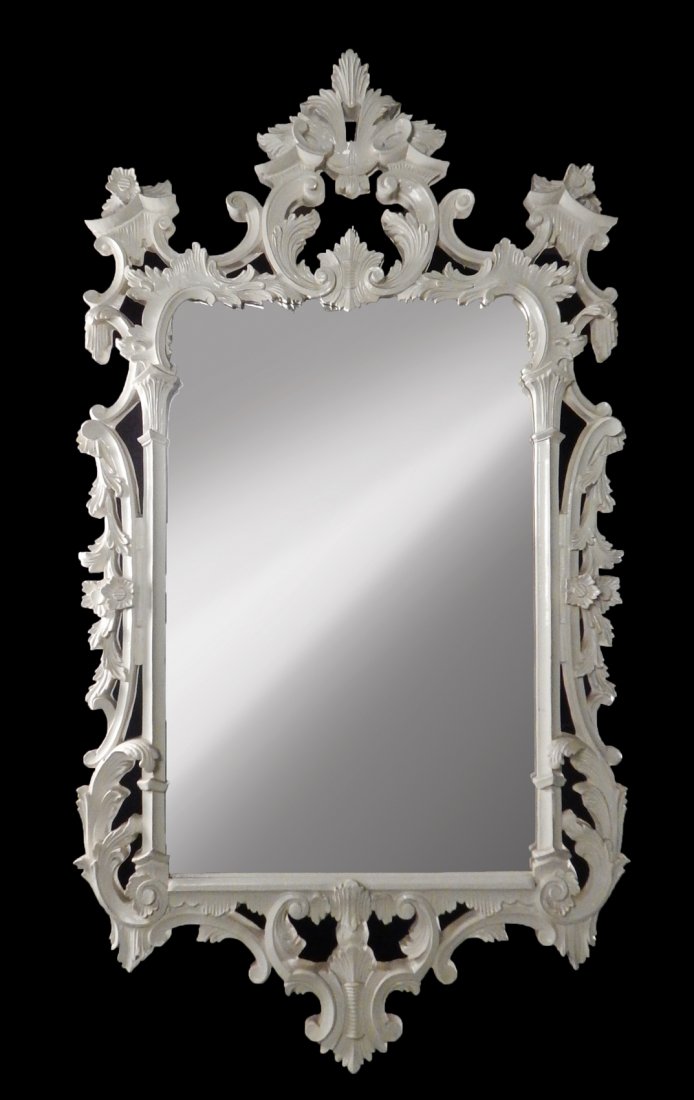 Ornate Carved Wood Frame Mirror: Rectangular mirror in off-white painted ornate frame. [59" H x 33" W]. Light wear, grime.