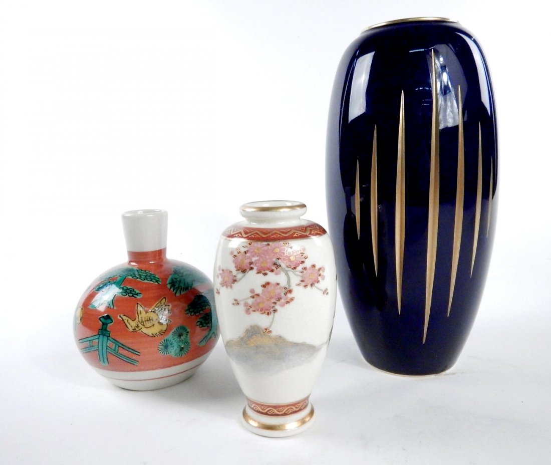 Group of 3 Porcelain and Ceramic Vases: Comprising two Chinese vases and one cobalt and gold Bavarian vase. [Bavarian vase: 5" Dia x 9" H]. Craquelure.