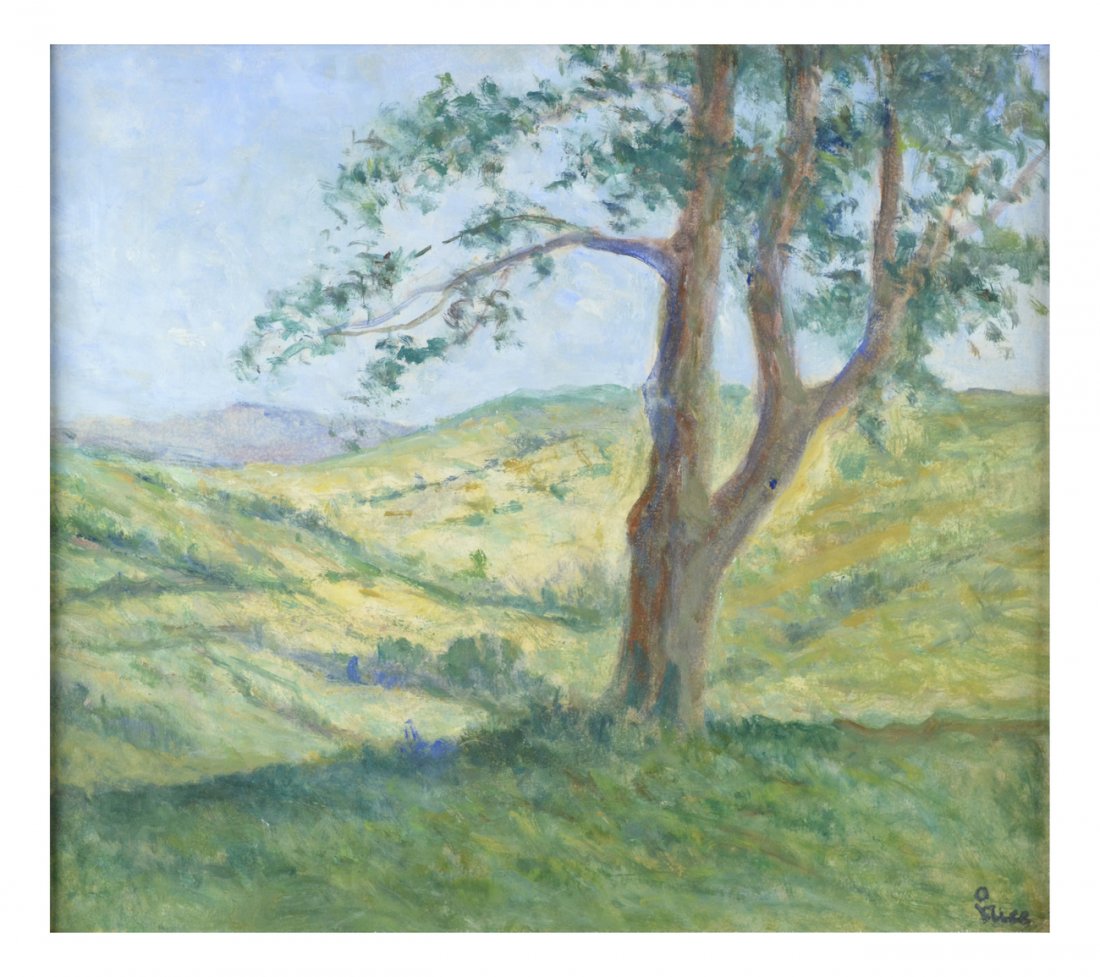 Maximilien Luce, Impressionist Landscape: Oil on canvas depicting valley landscape with ridges, distant hills, and tree in foreground. Signed bottom right "M. Luce". [Art: 15" x 18"]. Contained in a gilt wood frame.