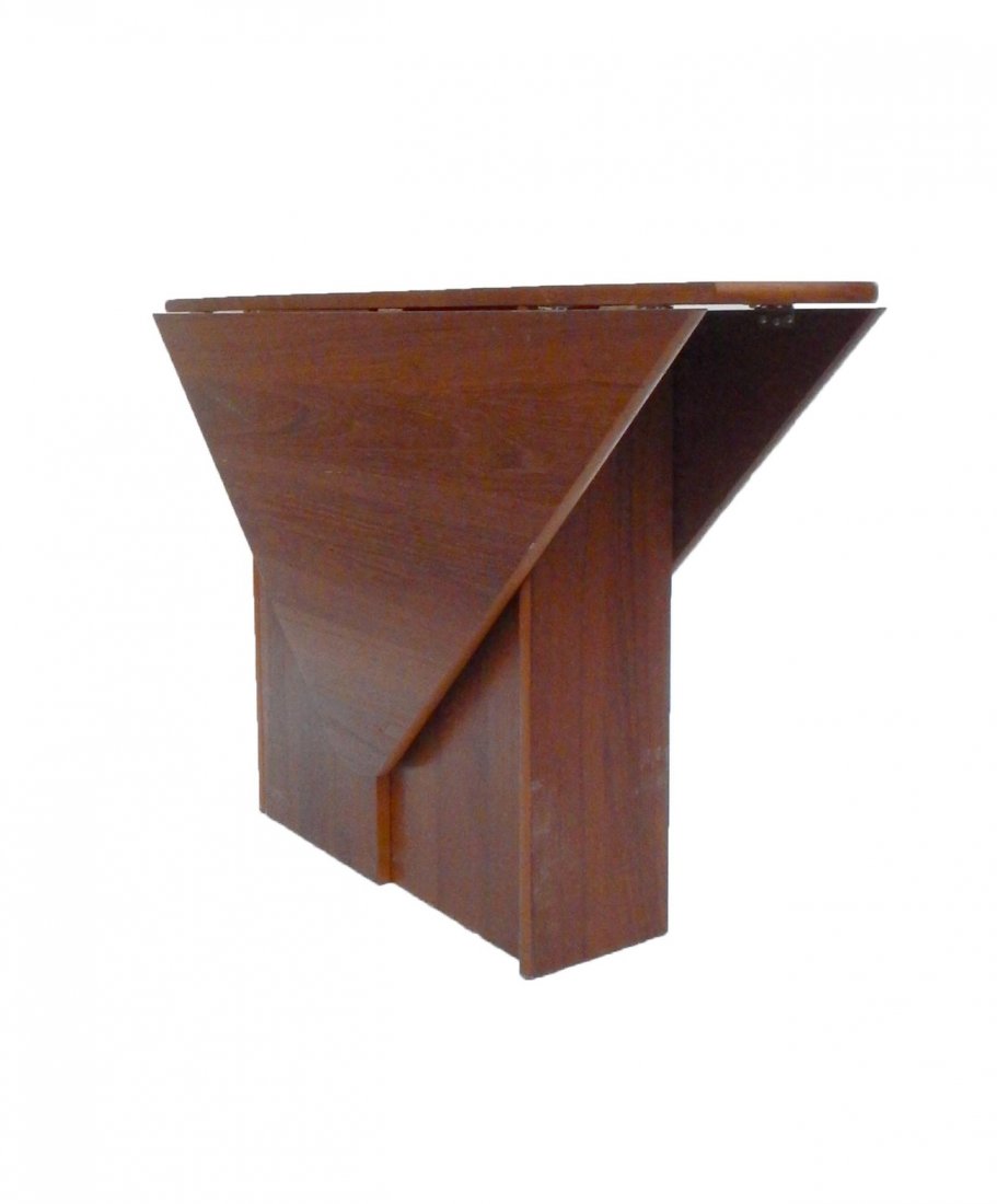 Vintage Danish-Style Drop-Leaf Table: Mahogany veneer drop-leaf gateleg fold-down table. [Closed: 10" W x 52" D x 28 1/2" H; Open: 39" Sq x 28 1/2" H]. Some chips at edges with veneer loss.