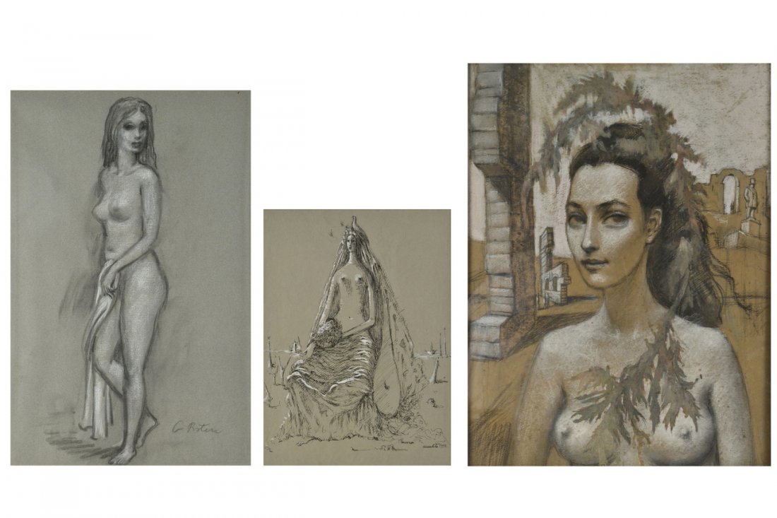 Three Female Nude Works on Paper: Comprises: 1.) Charcoal, pastel, and graphite on cardboard. Bust-length 3/4 profile depiction of a female nude with surreal structures in background. Unsigned. [Sight: 25 1/2" x 19 1/4"]. 2.) Charcoal