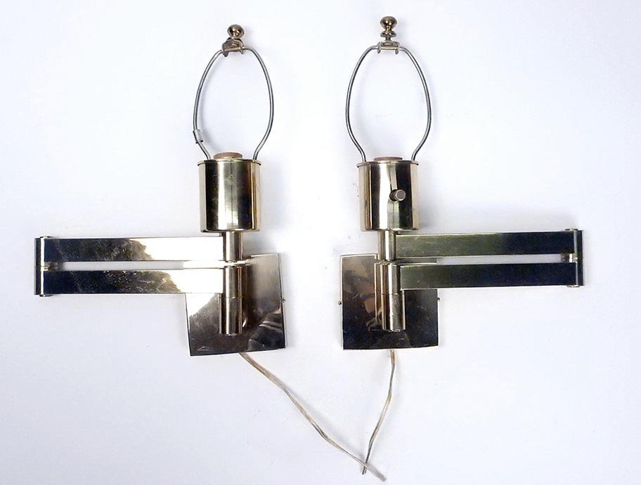 Pair of Modern Swing Arm Sconces: Brass swing arm single-light (Edison base) sconces with square backplates. [10 3/4" D when closed, 19 1/2" D when opened; Backplates: 4 1/4" Sq]. Light wear with scuffs and scratches.