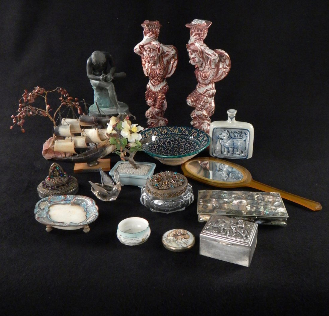 Group of Assorted Decorative Articles: Includes: 1.) Pair of figural lustre glazed candlesticks. 2.) Neoclassical bronze of a seated youth. 3.) Two Asian hardstone and glass trees. 4.) Abalone cigarette box. 5.) Cloisonné and alabaster tr
