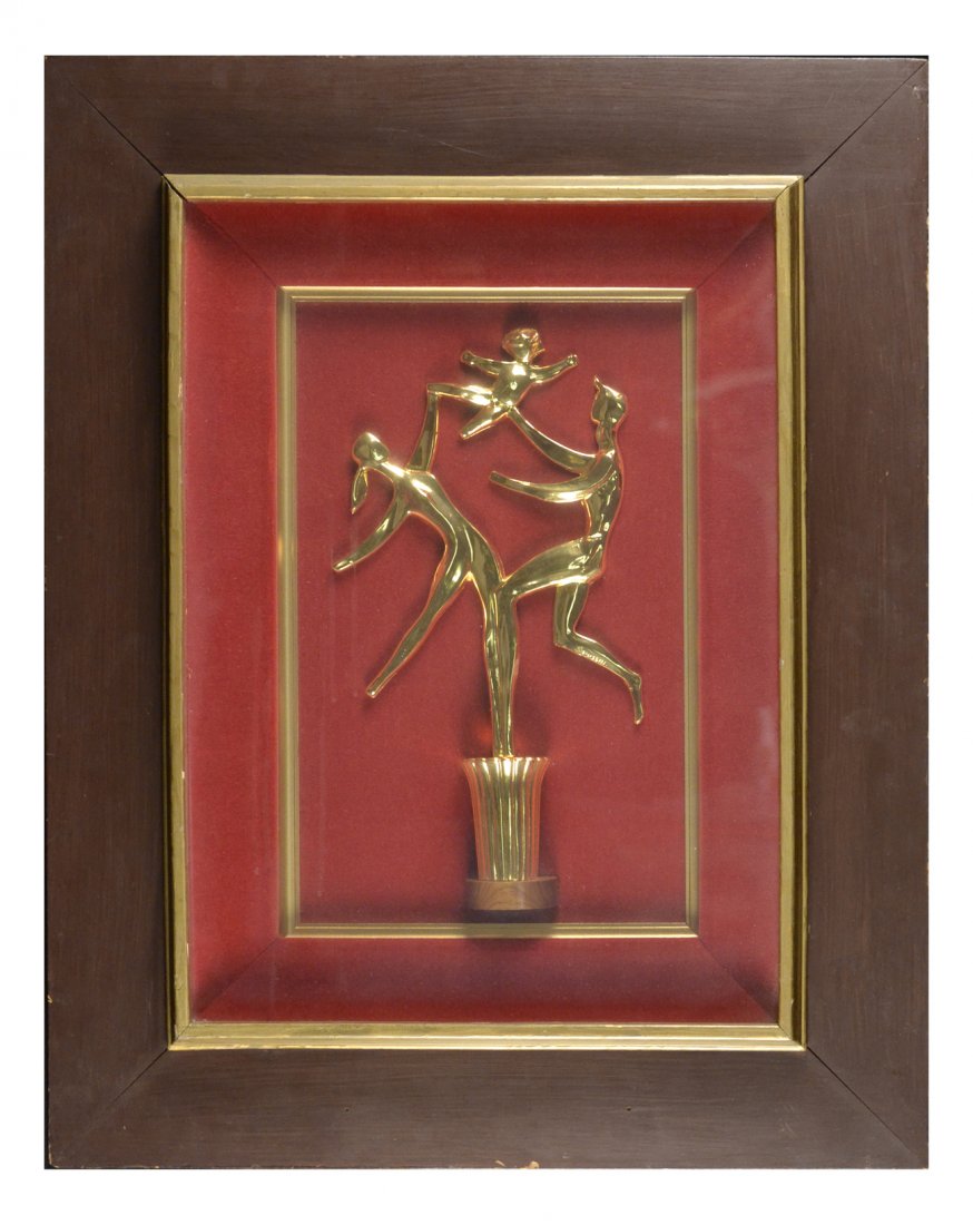 Robert Russin, Modern Bronze Sculpture: Framed figural sculpture. Signed on leg. [Sculpture: 16" H x 9" W; Frame: 30 1/4" H x 24" W]. In good condition.