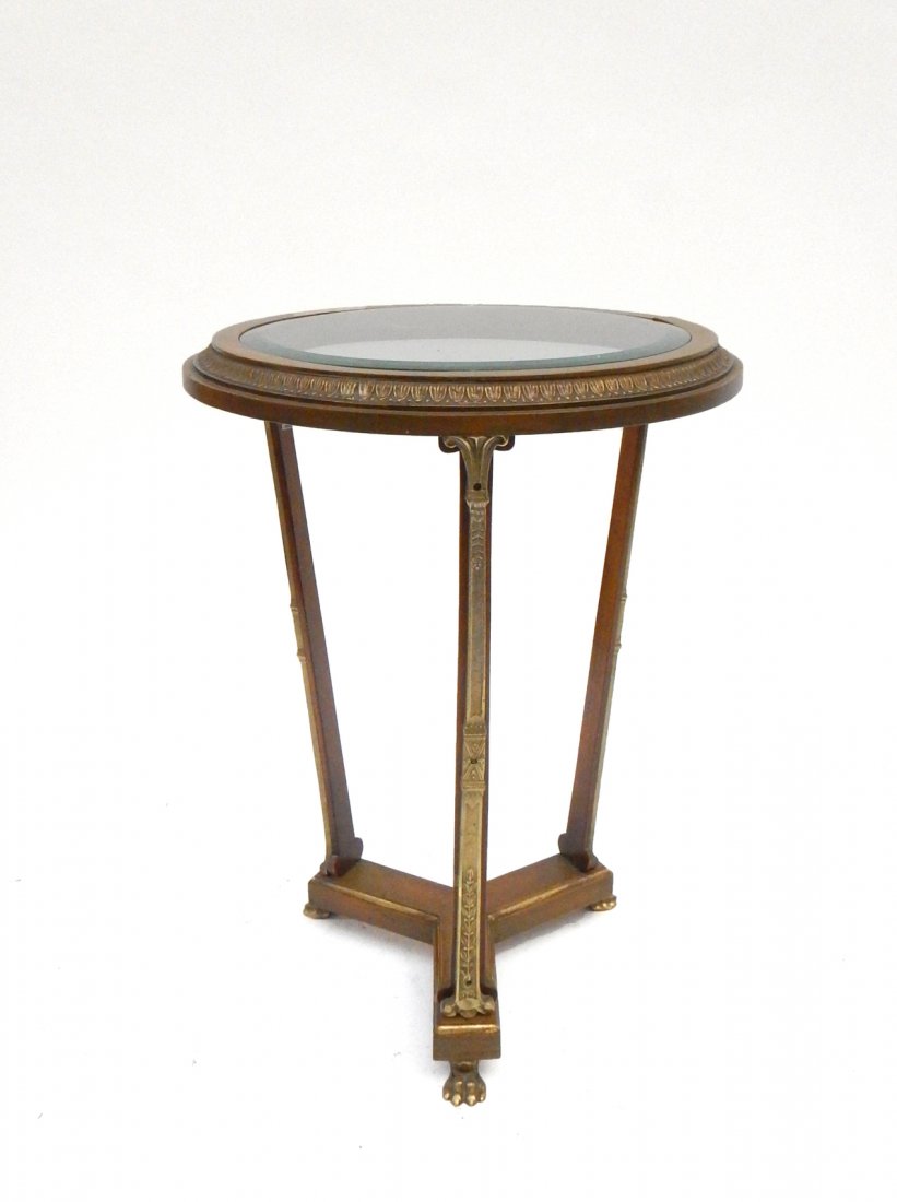 French-Style Bouillotte Table: Fruitwood beveled glass inset bouillotte table with paw feet. [18" Dia x 24" H approximate dimensions]. In good condition.