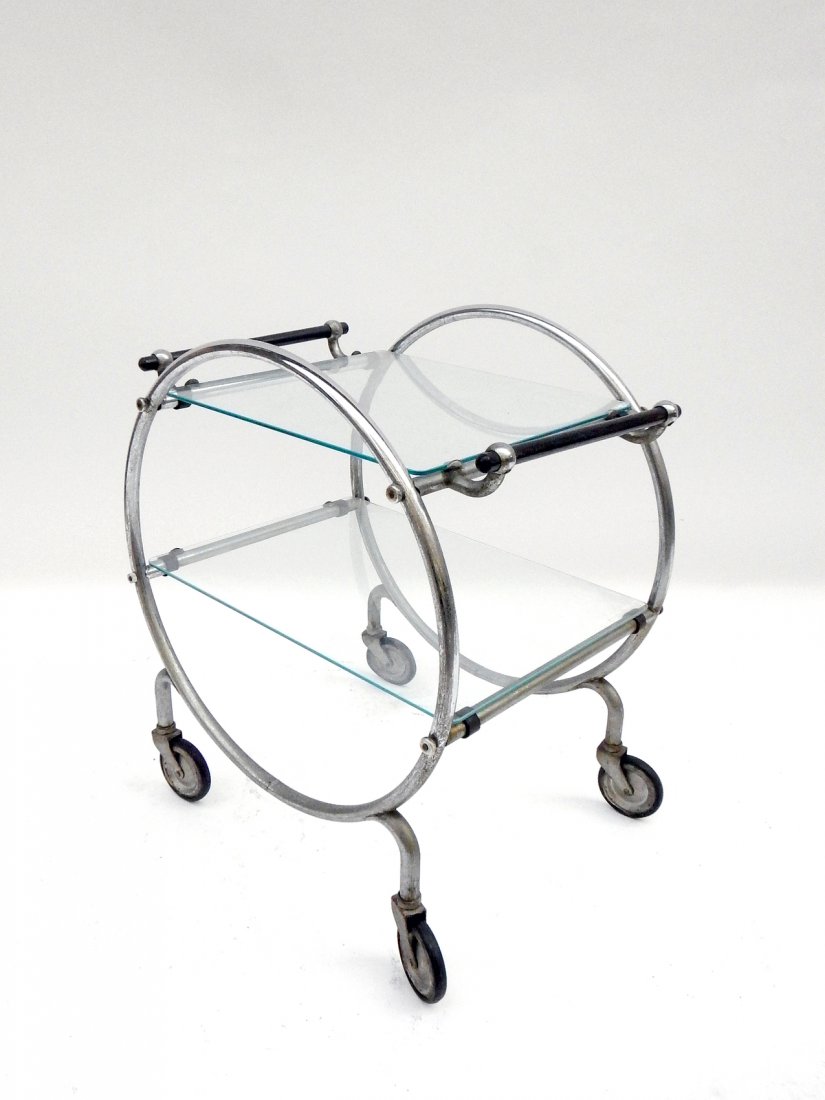Tubular Chrome and Glass Cart: Tubular chrome and glass cart. Worn.