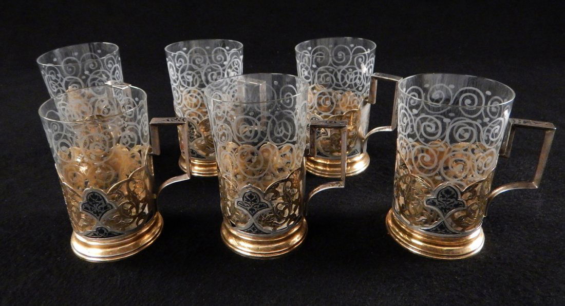 6 Russian Silver Niello Glass Holders (1 of 5)