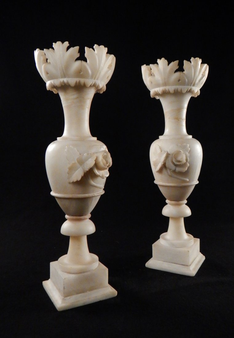 Pair of Cream Alabaster Lamps: Pair of floral carved lamps, each with holes for appliques. [8" x 6" Dia]. Minor chips and losses.