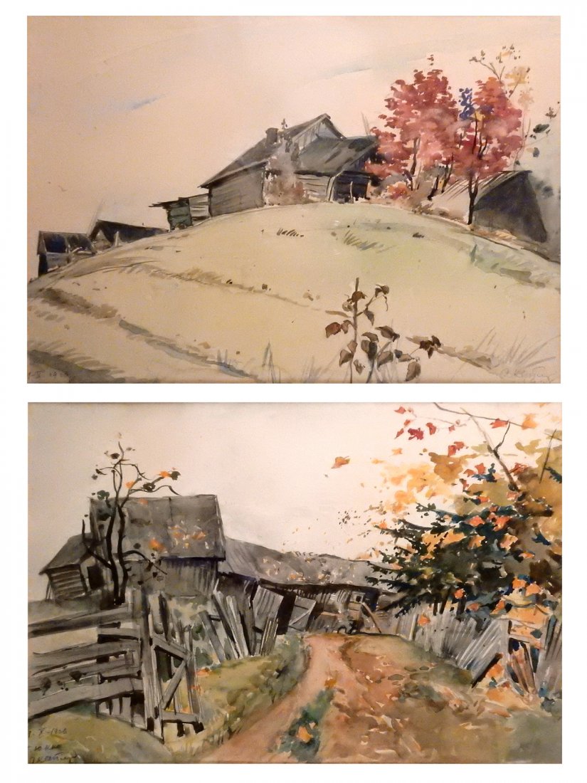 A Kanings,Two Watercolors: Autumn barnyard scenes. One signed bottom right "A. Kanings/ 1926" and inscribed left "1- x, 1926/ ...ILL." Matted and framed under glass. [Art (Sight): 12 1/2" W x 18" H; Frame: 21 1/4" W x 26 5/8" W