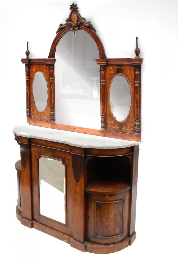 Victorian Inlaid Marble Top Credenza: One mirrored door credenza with a marble top and two side doors. [48" L x 15" D x 32 1/2" H]. Some losses. Fair condition.