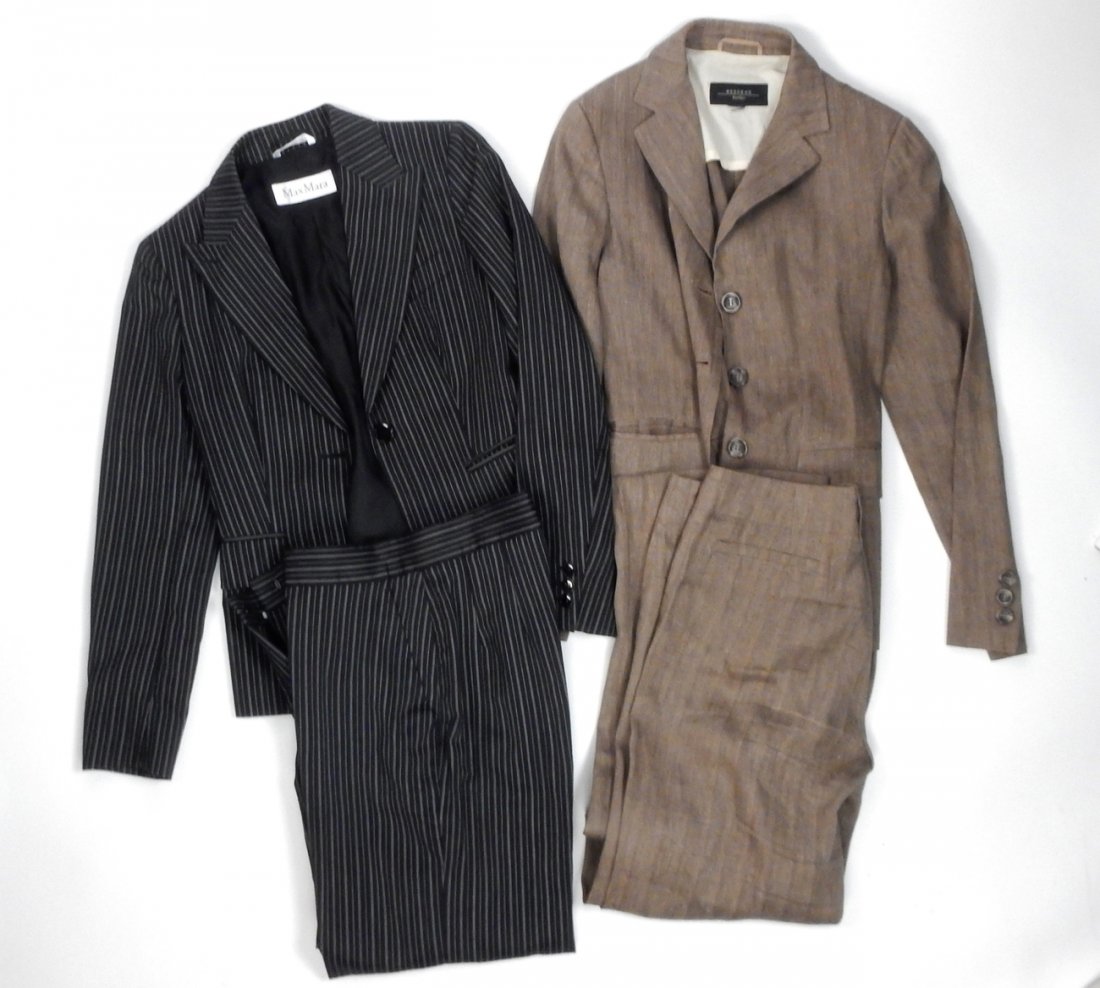 2 Max Mara Women's Suits: Comprises: 1.) Brown linen and cotton jacket at pants. Size 4. 2.) Navy blue pin striped wool and silk suit. Size 2. Light wear.