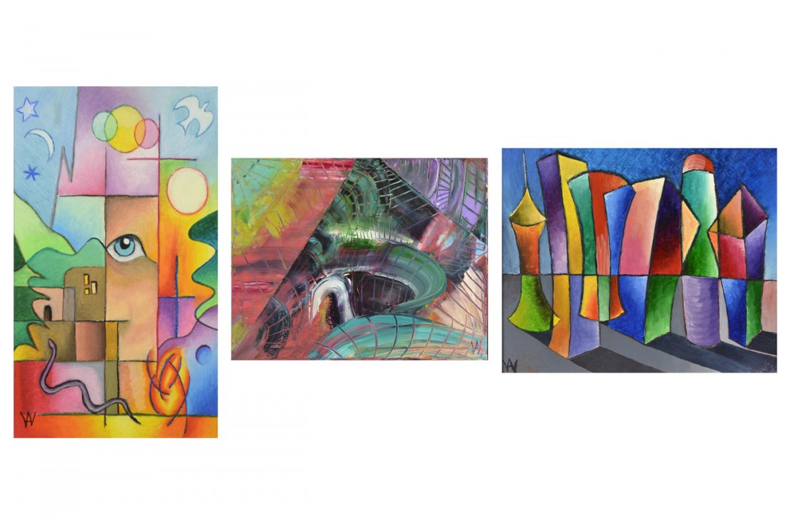 William Alexander, Three Original Works: Comprises: 1.) "The Sixth Seal". Signed and titled on stretcher. Acrylic on canvas abstract with sgraffito. Initialed at bottom right "W.A.". [Art: 15 3/4" x 20"; Frame: 17 3/8" x 21 5/8"]. 2.) Acryli