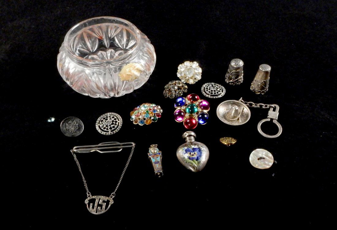 Group of Decorative Objects: Includes some silver thimbles and other metal objects; buttons, etc., in a cut glass bowl. 15 items. [Largest: 4" Dia].