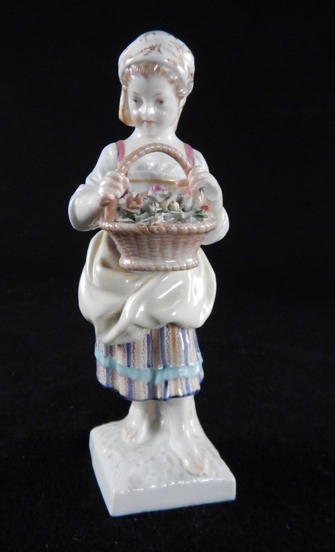KPM Porcelain, Girl with Flowers: German porcelain decorated figure of a child holding a basket of flowers. [6" H]. Damage to underside of one hand.