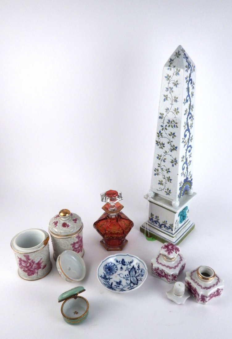 8 Pieces of Ceramic and Glass: Includes Meissen, Limoges, and other. [Obelisk: 4" W x 4" D x 17" H]. One piece bears broken lid. Conditions vary, all sold "as is".