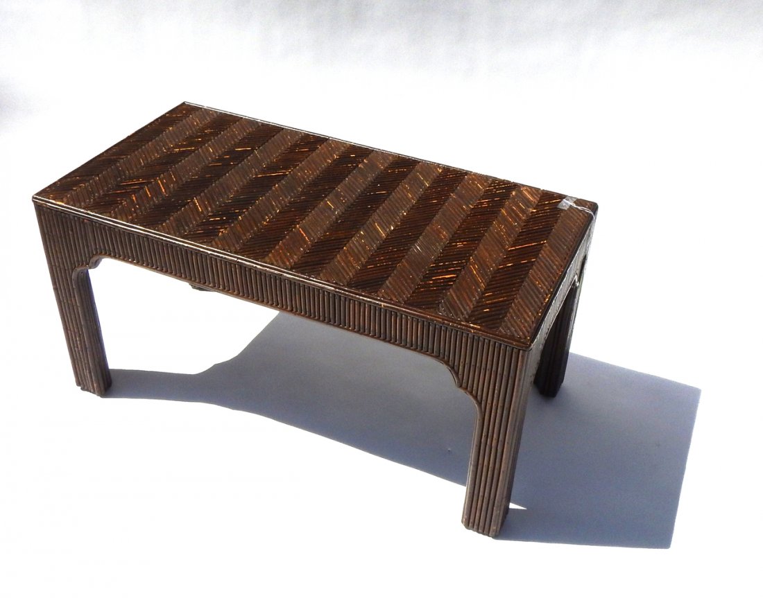 Rattan Coffee Table: Rattan coffee table. [36 1/2" W x 18 1/2" D x 17 3/4" H]. In good condition. From the Estate of Edith K. Comins, Briarcliff Manor, NY; interior design by Mallory-Tillis Inc.