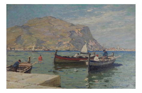 Terrick Williams, "Monte Pellegrino": Terrick John Williams (British, 1860-1937). Oil on canvas seascape with boats. Inscribed on back "Monte Pellegrino, Palermo, Sicily" and "Terrick Williams, 89 Gunterstone Road, West Kensington, London