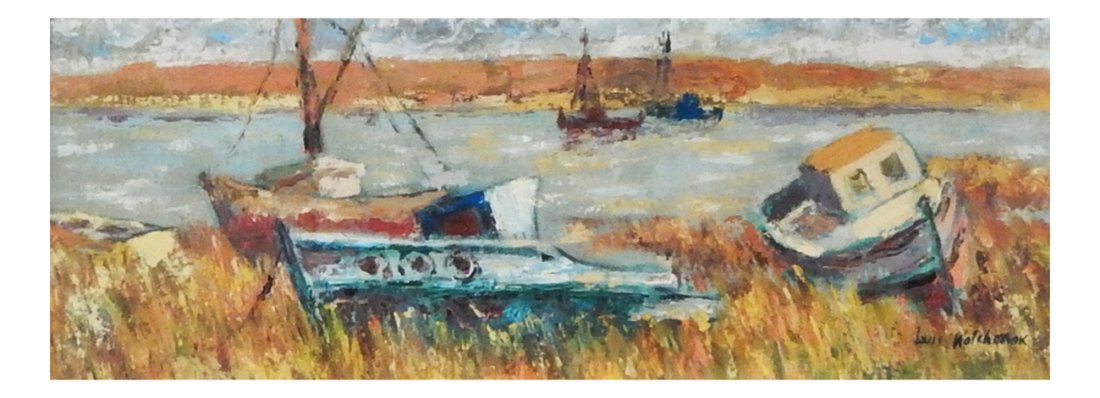 Louis Wolchonok, Boats in Marsh: Oil on board depicting boats in a marsh inlet. Signed bottom right. [Sight: 5 1/4" H x 15 1/4" W; Frame: 12 1/4" H x 22 1/4" W]. Light surface grime.