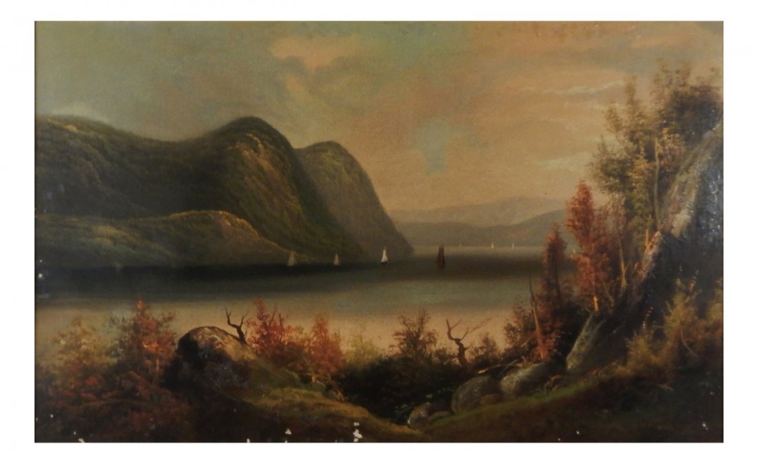 Hudson River School Landscape: Featuring numerous sailboats in a lush inlet with rolling hills. [Sight: 21 1/2" H x 35 1/2" W; Frame: 25 1/4" H x 39 1/4" W]. Craquelure, losses, chips.