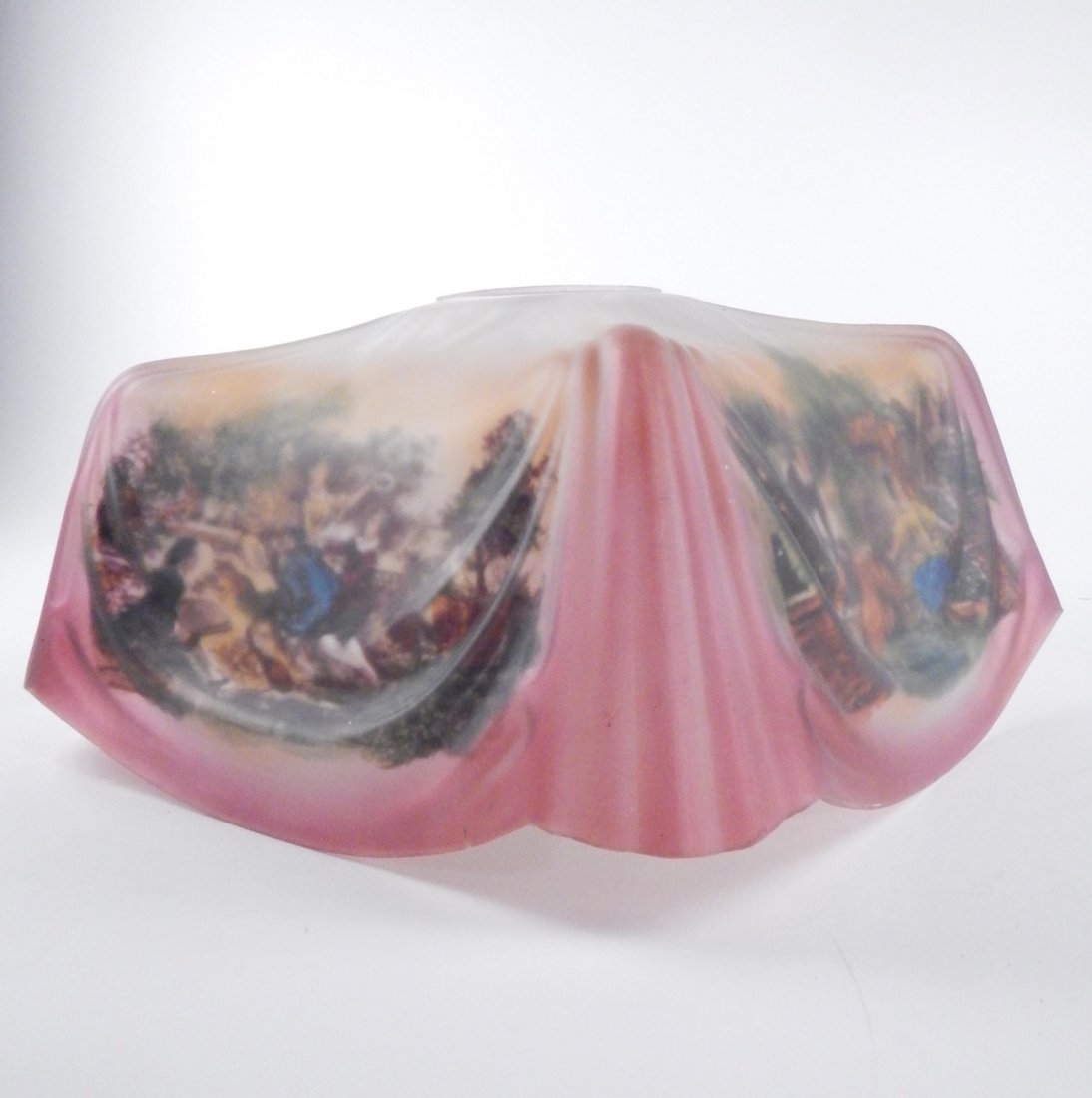 Pairpoint Lampshade: Hand-colored transferware glass depicting figural scenes. [12 3/4" Dia x 6 3/4" H]. Chip on top rim. Bears chipping along bottom edge.