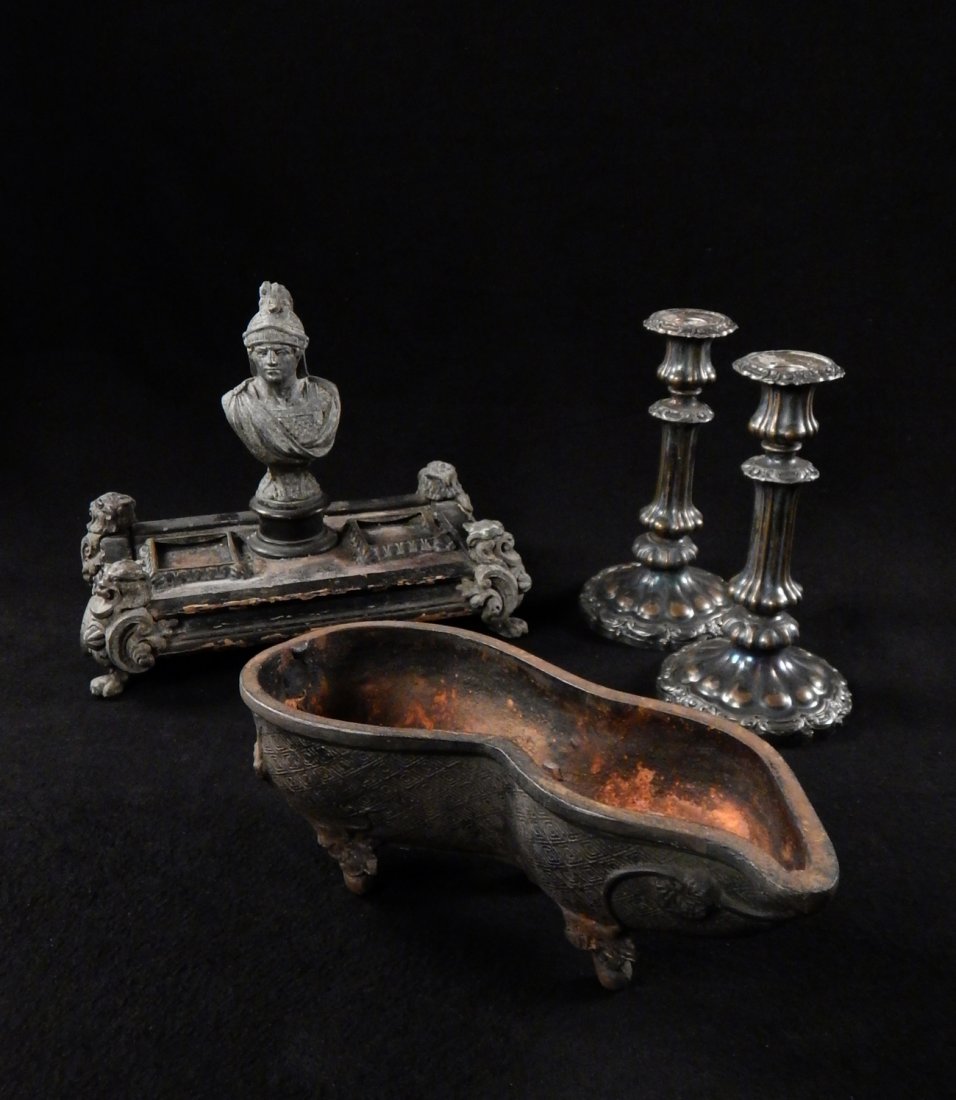 Inkwell, Iron Planter, & 2 Candlesticks (1 of 4)