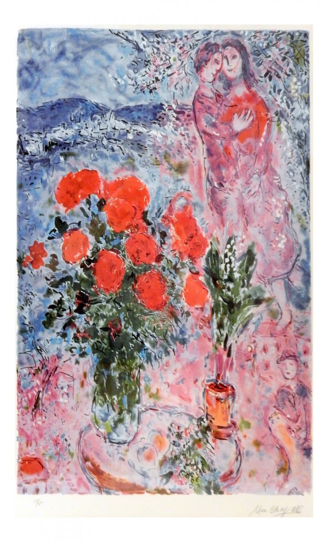 After Marc Chagall Lithograph: Lithograph bearing facsimile signature in the stone bottom right, numbered "12/250" bottom left. Framed under glass. [Sight: 25" H x 18" W; Frame: 35 1/2" H x 28 3/4" W]. Piece appears to be in overal