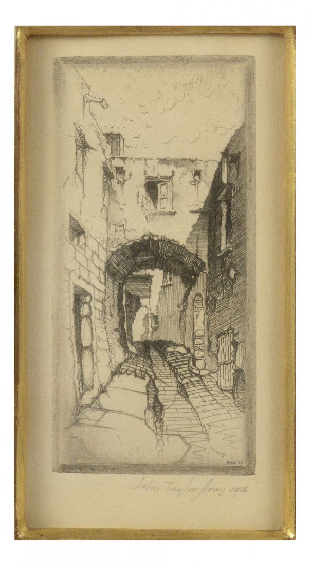 John Taylor Arms, "Street in Borgio": John Taylor Arms 1926 signed etching. Signed "Arms '26" lower right in plate. [Sight: 4 1/2" x 2 1/4"; Frame: 17 1/4" H x 15 1/2" W]. In good condition.