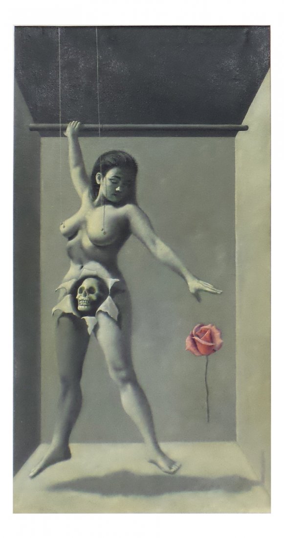 Neil Greene, Surrealist Figure: Oil on canvas depicting a nude female hanging by string and dropping a rose. Signed on verso. [Sight: 35 1/2" H x 17" W; Frame: 43 1/2" H x 25 1/2" W]. Surface grime, craquelure.