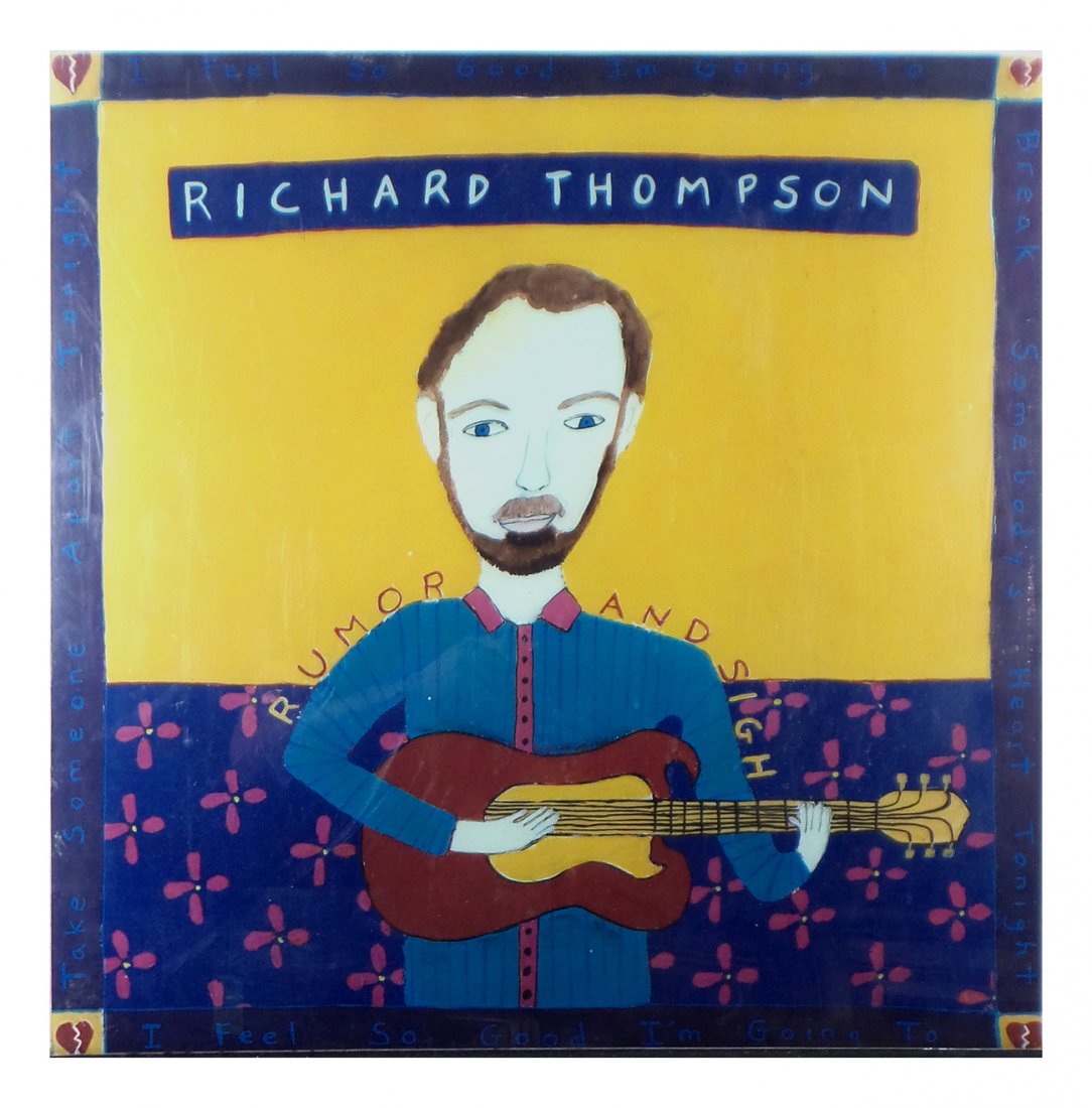 Richard Thompson Plexiglas Poster: Featuring a figure playing a guitar bound to back of Plexiglas. Unframed. [Art: 24" H x 24" W]. Overall good condition.