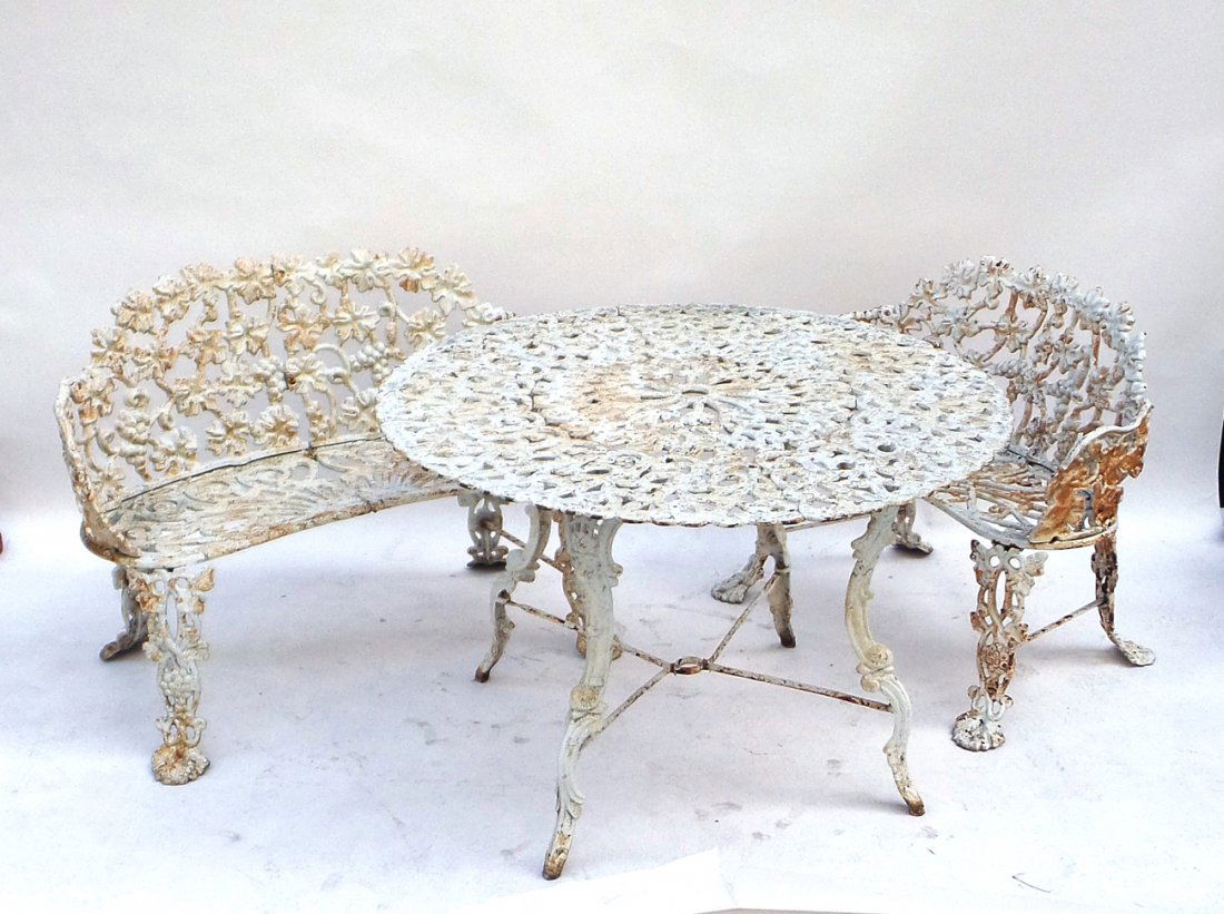 Victorian 3pc. Garden Set: White painted table together with two settees.