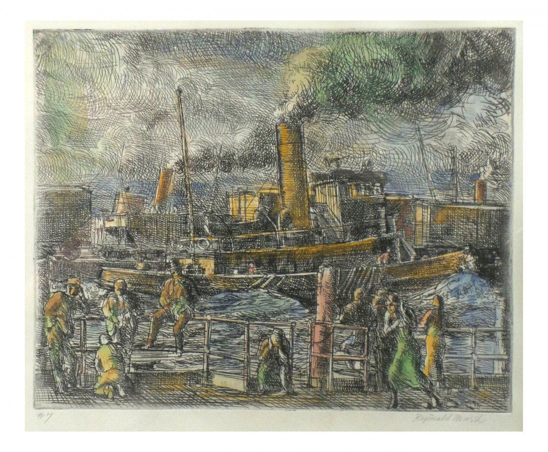 Reginald Marsh - Port Scene: Hand-colored etching depicting a steam powered tug boat coming into port with figures relaxing upon rails of a seawall in foreground. Signed in bottom margin "Reginald Marsh" at right and numbered, at