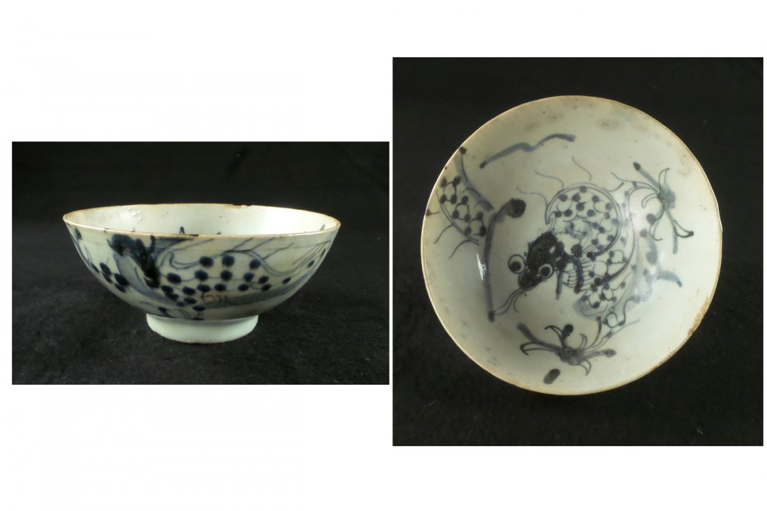 Chinese Blue and White Bowl: Ring footed glazed earthenware bowl with shrimp decor on interior & exterior. [6 1/8" Dia x 2 1/4" H]. Wear at rim with chip.