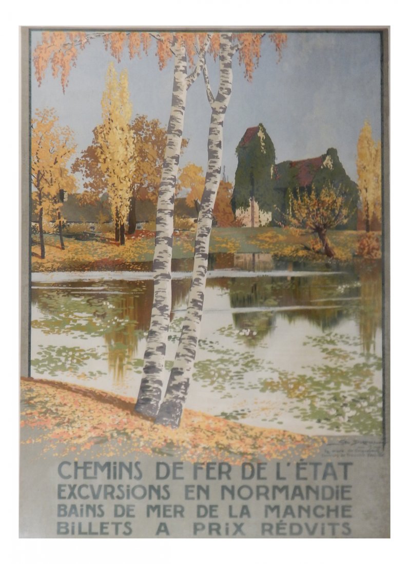 George Dorival Vintage Poster: "...Excursions en Normandie...". Vintage travel poster circa 1930 in yellow, orange, and brown. Depicts a peaceful autumn scene of Cricque-Boeuf pond with with Church of Saint Martin in background. Pu