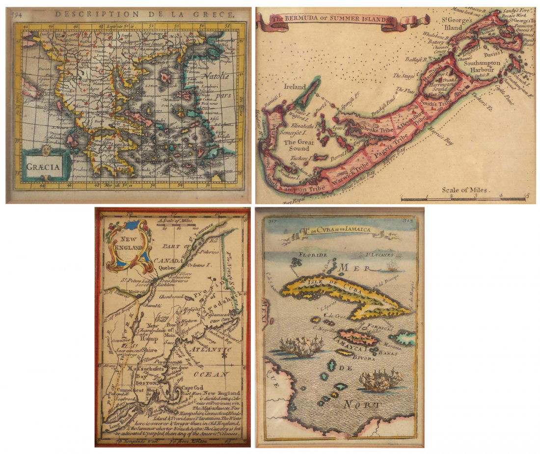 Four Clipped Miniature Antique Maps: Engraved and hand colored maps with Latin notations depicting 1. New England [3 5/8" x 2 3/8"]. 2. Bermuda [Sight: 4 1/8" x 5 7/8"]. 3. Cuba and Jamaica [5 7/8" x 4 1/16"]. 4. Greece [3 3/4" x 5 1/4"]