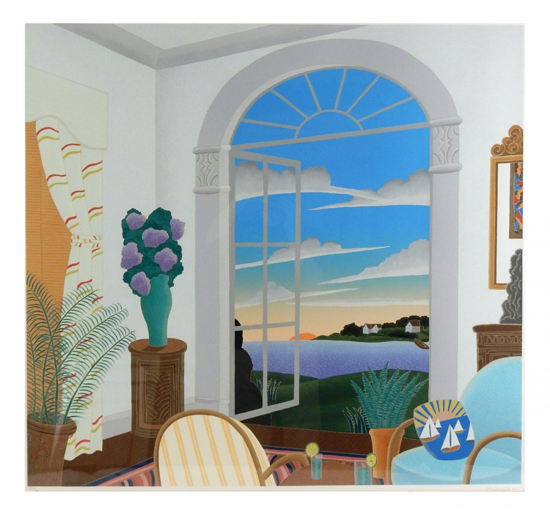 Thomas McKnight "Cocktails in Greenwich": Serigraph of an interior scene with view out of open window. Signed bottom right. Numbered "HC 2/40". Framed under glass. [Sight: 36 1/4" H x 38 3/4" W; Frame: 45" H x 47 1/2" W]. In overall good cond