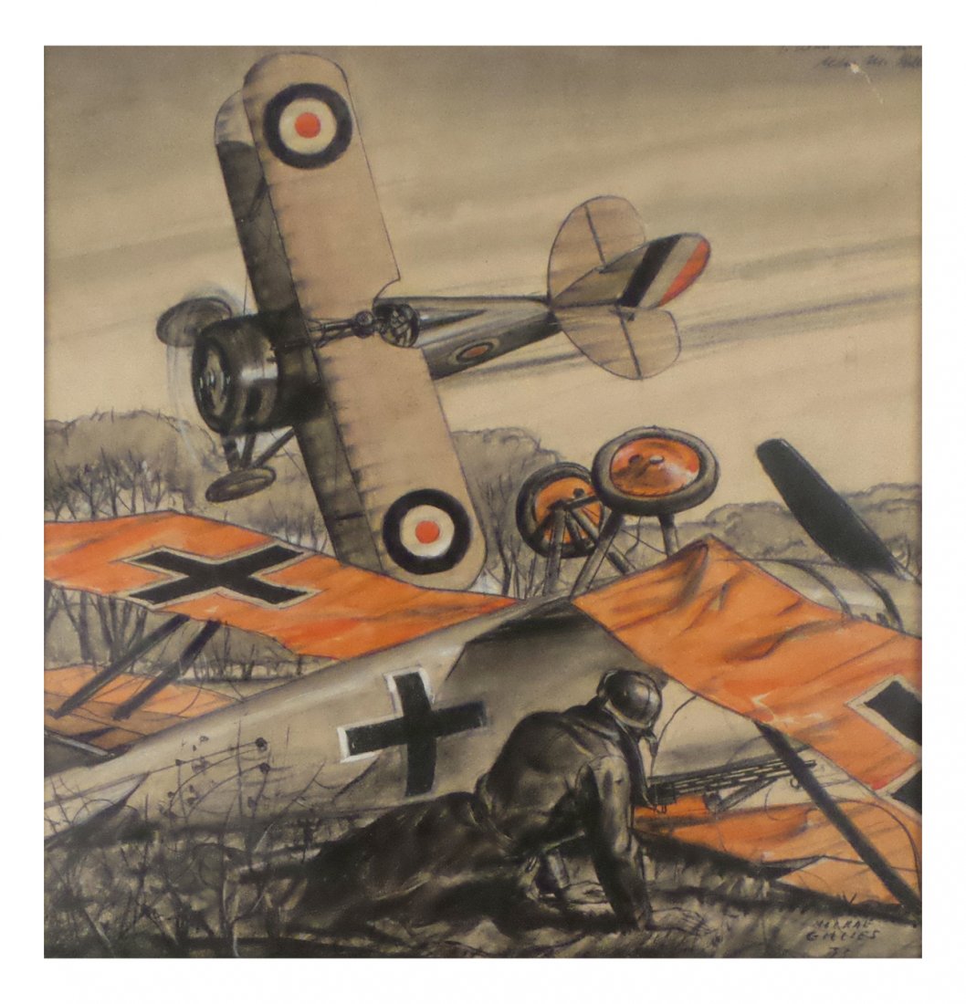 Macrae Gillies, Fighter Pilots Crashing: 1933 charcoal and gouache. Signed and dated bottom right, inscribed upper right. Framed under glass. [Sight: 15 1/4" H x 14 3/4" W; Frame: 23 1/2" H x 22 3/4" W]. Some toning, creased with minor loss 