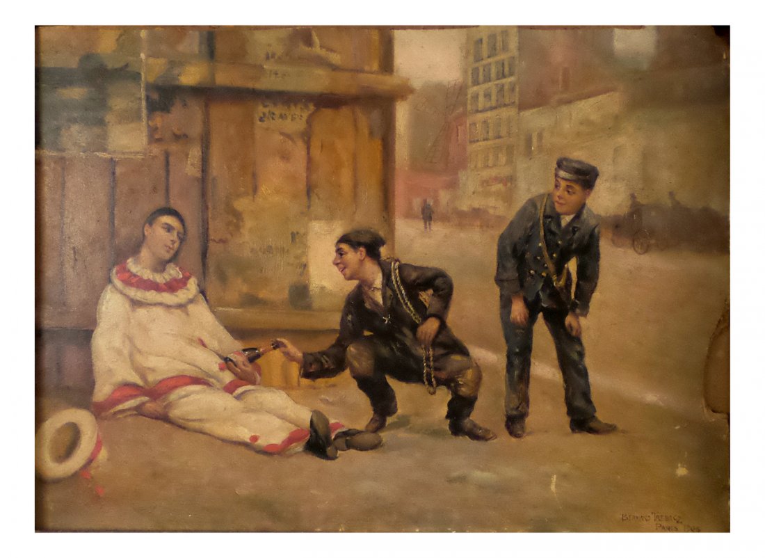 Bernard Trebacz, Soldiers and Clown- "Drunken Clown": Oil on carton depicting two soldiers and a drunk clown. [Art: 11" x 15"; Frame: 16 1/2" x 21"]. Chip in lower and tip right corner. Losses.