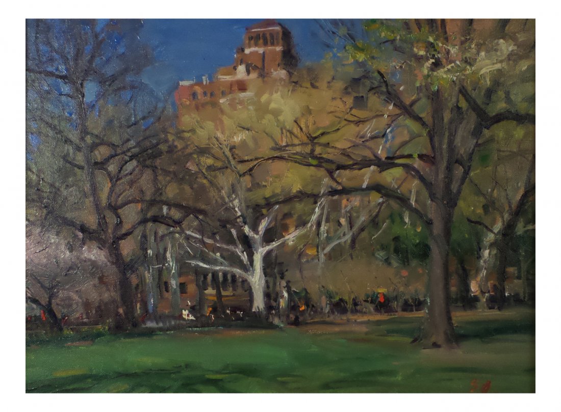 Oil on Panel, Washington Sq. Park NYC: Framed painting of Washington Square Park in New York City in full bloom. [Art: 12" x 16"; Frame: 16" x 20"]. In good condition.