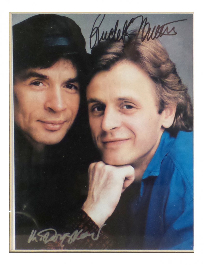 Nureyev & Baryshnikov Photo: Framed photogrpah (or print) of Rudolf Nureyev and Mikhail Baryshnikov. [Photo: 10" x 7 3/4"; Frame: 16 1/4" x 13 1/4"]. Cannot confirm authenticity of signature, not examined out of frame.