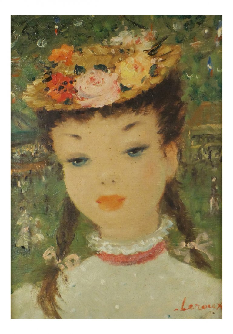 Leroux, Oil on Board - Portrait of a Girl: Post-impressionist depiction of a girl in a bust-length full profile pose with braided hair and hat with flowers. Signed bottom right "Leroux". [Art (sight): 8 1/4" x 5 7/8"; Frame: 15 1/4" x 12 7/8"]