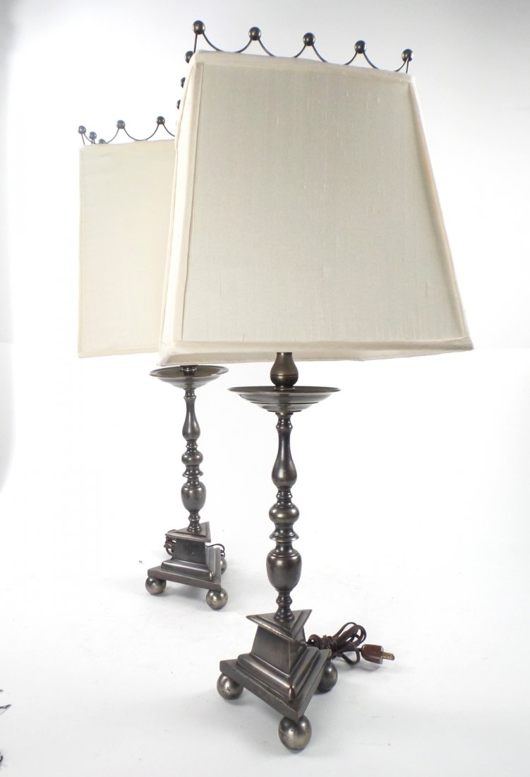 Pair of Pewter Lamps with Shades (1 of 7)