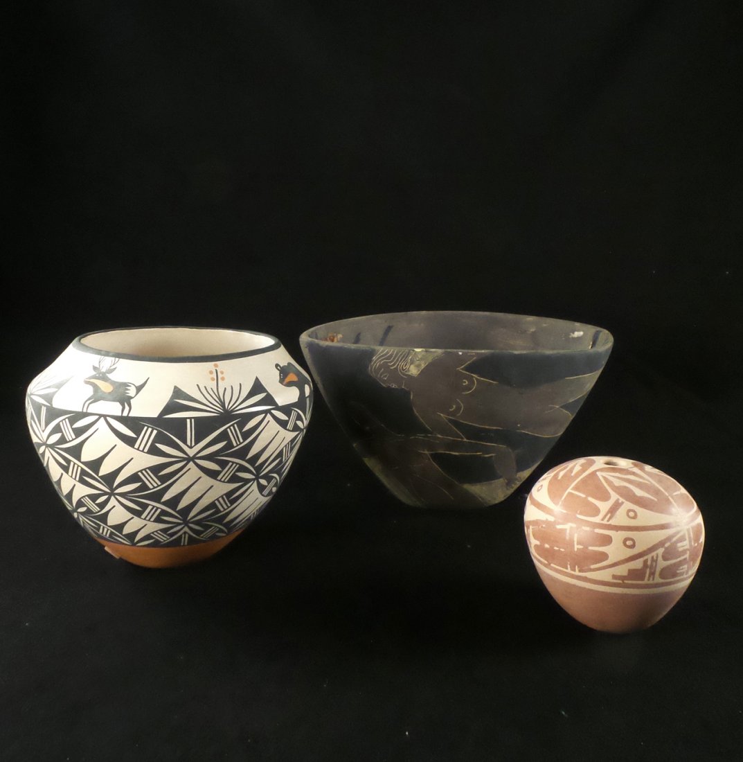 Three Southwestern Vessels: Comprises: 1.) Wilford Garcia, deer and bear pot. 2.) Geraldine Sandia vessel. 3.) Franz Meyer vessel with nude figures. [8" - 11" Dia x 3 1/2" - 7" H]. Two overall good condition, losses to Franz Mey