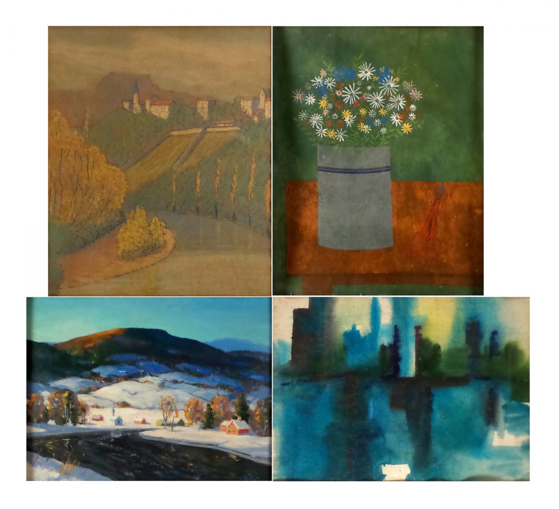 Four Signed Paintings: Group of four paintings comprising: 1.) Abstract watercolor. Kurt Adler. [Art (sight): 8" x 11"; Frame: 14 1/2" x 18 1/2"]. 2.) Oil on board. Landscape. Kilvert. [Art (sight): 12" x 16"; Frame: 17 1/2