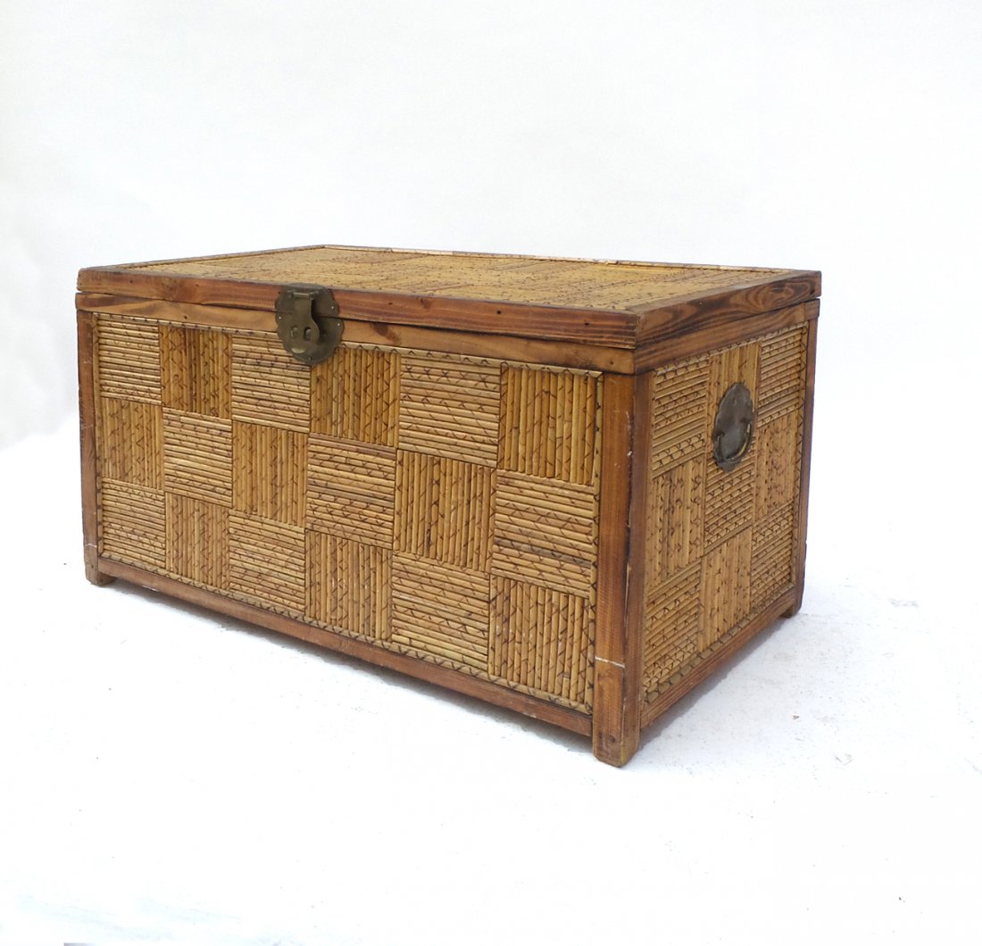 Rattan Trunk: Rattan trunk with brass fittings. [30" W x 20" D x 20" H]. Good condition.