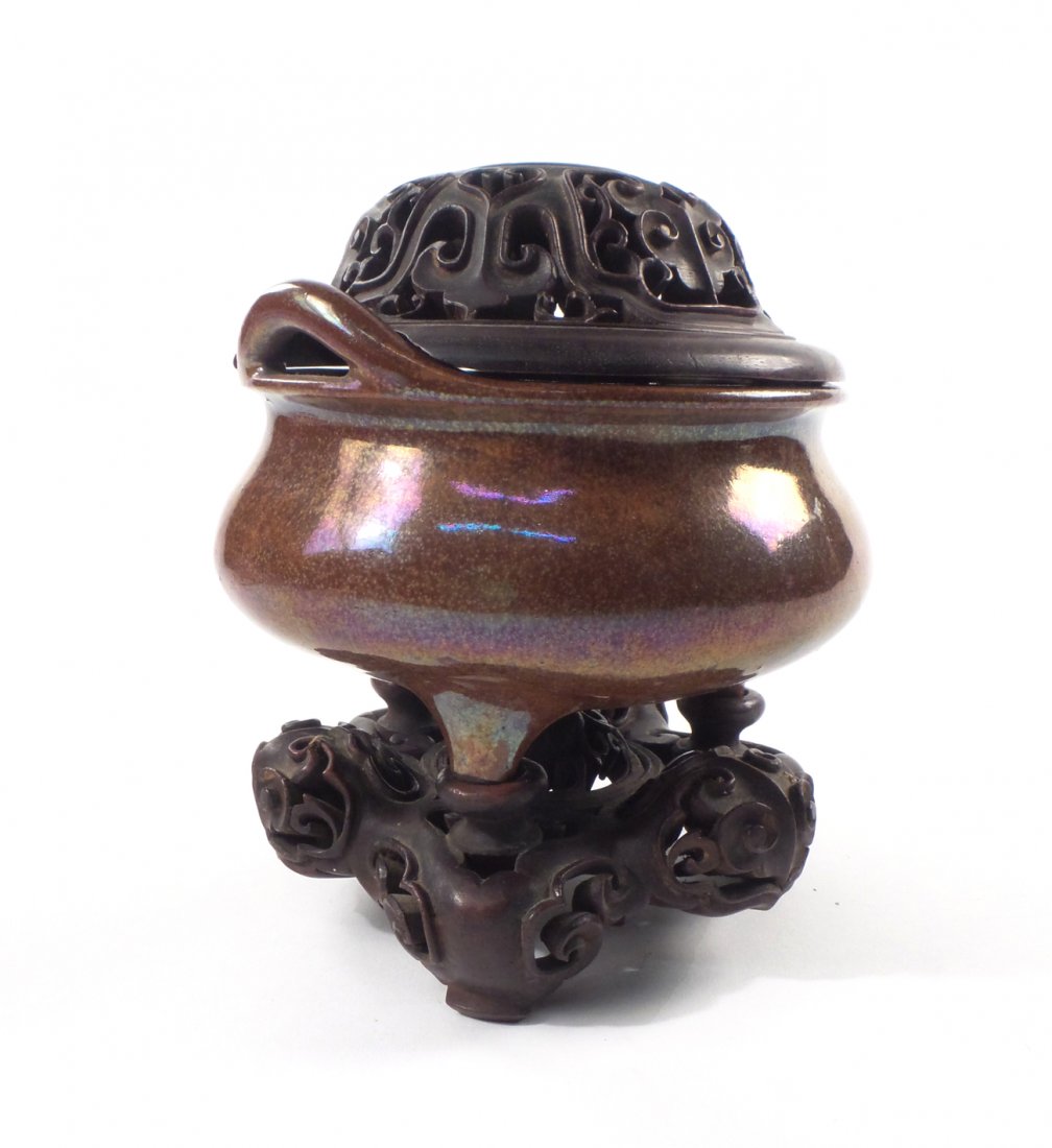 Asian Pottery Censer with Wood Base (1 of 10)